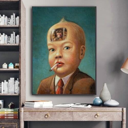 Big Large Pictures for Home Design Canvas Wall Posters Cartoon Mona Lisa Smoking Child Paintings On The Loft Frameless