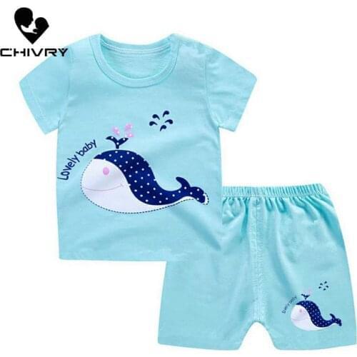 New 2020 Kids Boys Sets Summer Cartoon Animal Print Short Sleeve O-Neck Cute T-Shirt Tops with Shorts Baby Girls Clothing Set