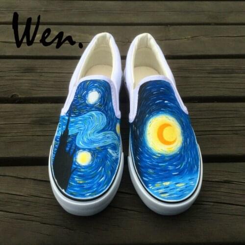 Wen Unisex Hand Painted Slip On Shoes Design Custom Oil Painting Style Moon Tower Men Womens Canvas Sneakers Christmas Gifts