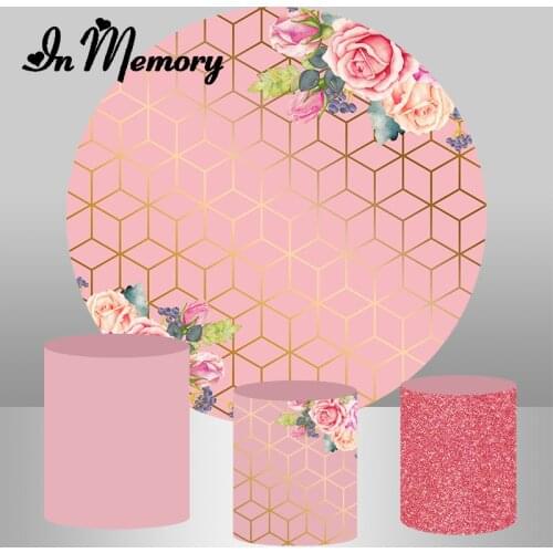 InMemory Pink Flowers Lady Woman Birthday Round Backdrop Cover Bridal Shower Wedding Party Circle Background Plinth Covers