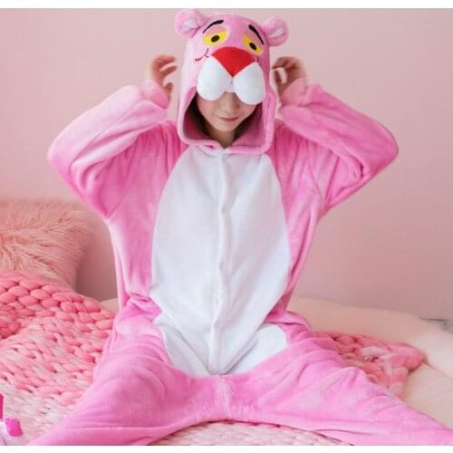 Kigurumi Long Sleeve Hooded Pink Panther Onesie Women Flannel kigurumi for adults Whole onepiece animal pajamas Kugurumi Onsie