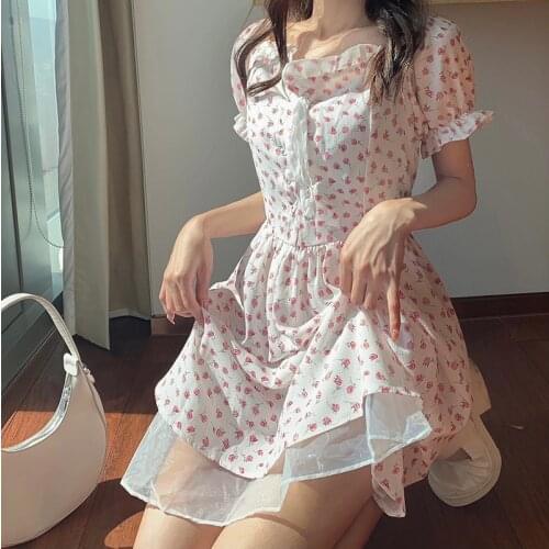 Korean Chic Temperament Sweety College Style Dress Kawaii V-Neck Bandage Bow Cute Puff Sleeve Tender Floral A-Line Mini Dresses