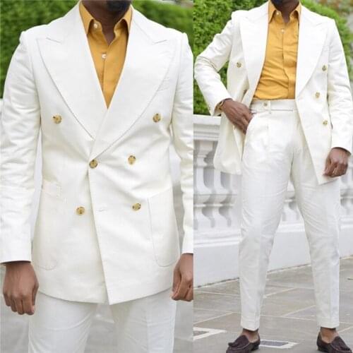 White Men Suits Blazer Groom Wear For Wedding Tuxedos Slim Fit Double Breasted Best Mens Prom Suits (Jacket+Pants) Custom Made