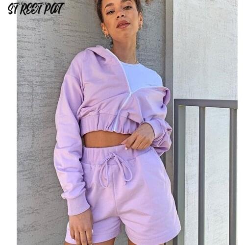 Solid Hoodies 2 Two Piece Set Women Tracksuit Long Sleeve Zip Jackets Crop Top+Biker Shorts Sets Casual Sport Femme Outfits