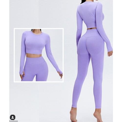 Autumn Seamless Yoga Suit Elastic Fitness Sports 2 Piece Set Women Long Sleeve Crop Top Gym Running Leggings Workout Sportswear