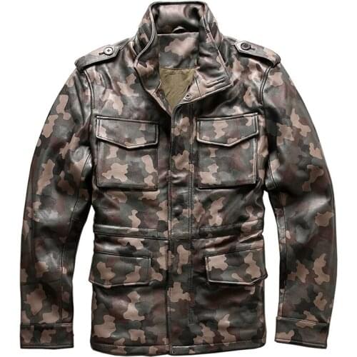 Read Description! Asian Size Army Camouflage Overcoat Genuine Sheep Leather M65 Outerwear Mens Rider Jacket 2133
