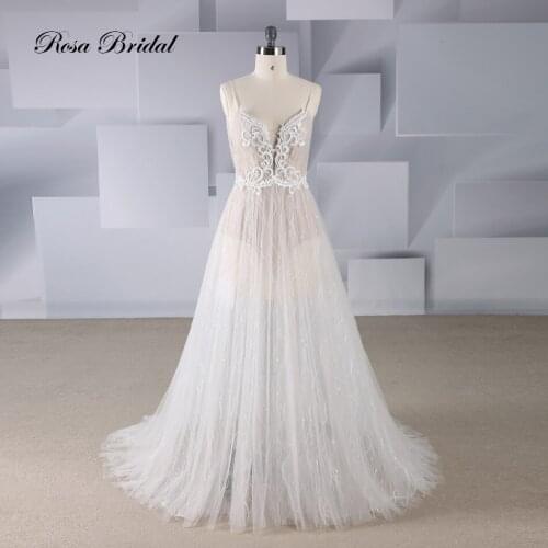 Rosabridal A line wedding dress deep V-neck Illusion lace appliques with butterfly beading in front body open back bridal gown