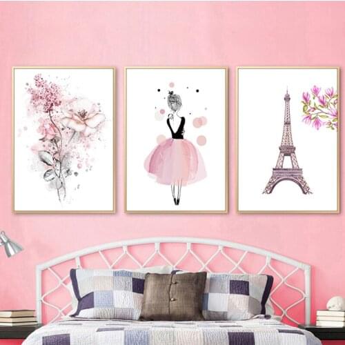 Pink Flower Skirt Girl Eiffel Tower Nordic Poster Wall Art Canvas Print and Print Living Room Decoration Wall Painting