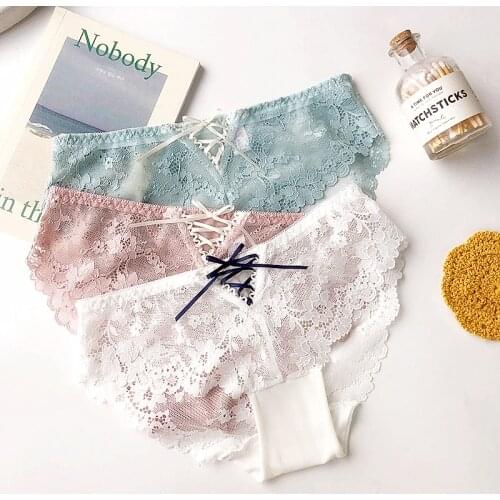 French Floral Lace Bandage Sexy Underwear For Women Seamless Briefs Fairy Stain Bow Transparent Panties Hollow Out Lingerie