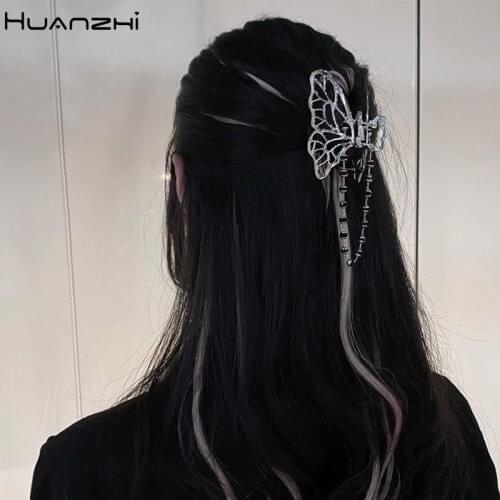 HUANZHI 2020 New Vintage Goth Long Tassel Butterfly Metal Hairpin Love Pendant Barrettes for Women Party Accessories Jewelry