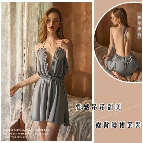New Womens V-Neck braces skirt nightdress backless satin face Nightgown seduction sexy Sleepshirts home clothing Sexy lingerie