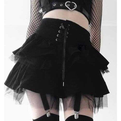 2021 Black punk gothic mini skirt Girls Y2k harajuku vintage Pettiskirt Bandage chiffon high waist women fashion gothic skirt