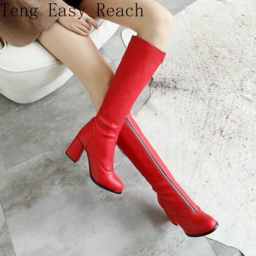 Women Pu Leather Knee High Boots Fashion Zipper Boots Comfy Thick Heel Square Toe Autumn Winter Plush Boots Black White Boots 39