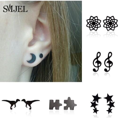 SMJEL Stainless Steel Black Earrings Small Geometric Three Star Puzzle Dragon Stud Earring Women Fashion Ear Jewelry Studs