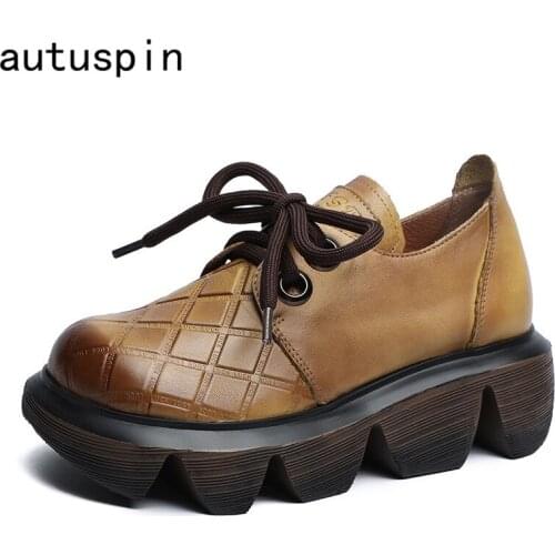 Autuspin Retro Pumps Women Shoes Autumn Genuine Leather Lace Up Platform Heels 2021 New Round Toe Wedges Ladies Shoes Handmade
