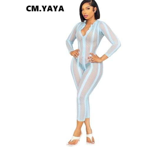 CM.YAYA Women Jumpsuit Solid Hollow Out Full Sleeve Zipper O-neck Skinny Pencil Jumpsuits Sexy Fashion One Piece Overalls Fall