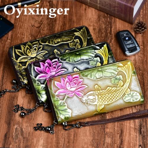OYIXINGER Woman Vintage Wallet 2021 New Retro Handmade Embossed Purse Genuine Leather Phone Clutch For Women Casual Card Holder
