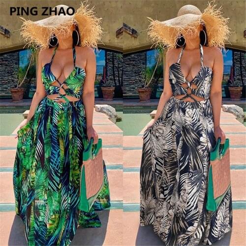 PING ZHAO Women Bohemian Maxi Dress Sexy High Split Summer Beach Halter Dress Casual Sleeveless Bandage Long Dress