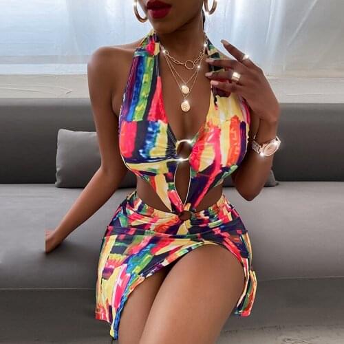 2021 Summer Women Hollow Out Push Up Bikini Bathing Suit One-Piece Swimwear Sexy V Neck Side Slit Backless Halter Swimsuit Mujer