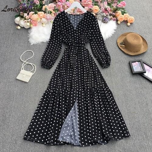 2021 Womens Fashion Clothing New V-neck Slim-Fit Flared Sleeves Sweet Polka Dot Chiffon Ruffles Holiday Dress Women