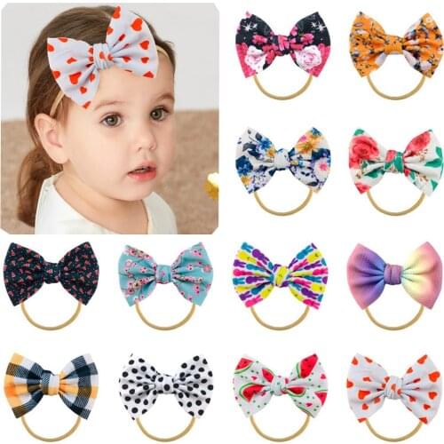 30Pcs/Lot Bulk 5.5" Hand Tied Waffle Hair Bow Headband Festival Print Dot Heart Floral Nylon Headwrap Girls Party Hairband