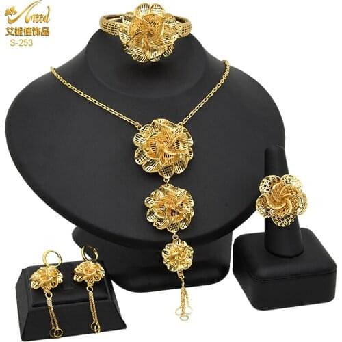 African Dubai Bridal Wedding Jewelry Set For Women ethiopian Gold Flower Pendant Necklace And Earrings Nigerian Jewellery Gift