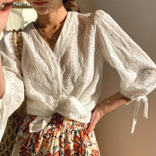 KHALEE YOSE 100% Cotton Eyelet Chic Shirt Blouses French Casual White Shirt Long Sleeve Sheer Women Ladies Vintage Shirt 2021