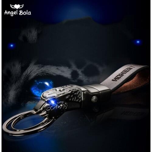 High Grade Alloy Men Leopard Key Chain Car Key Ring Holder Keychains Jewelry Bag Pendant Genuine Leather Gift LED Function