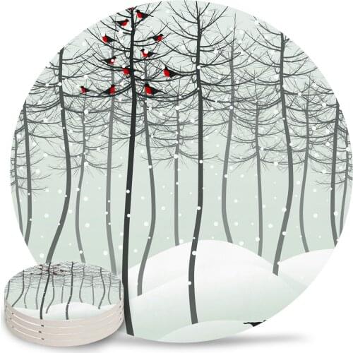 Bird In Wood Ceramic Coasters Waterproof Tea Cup Mat Modern Home Decor Coffee Table Decor Coasters for Glasses