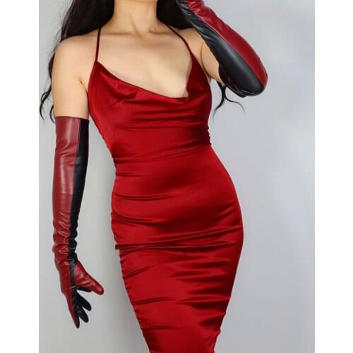 LONG TECH GLOVES Vegan Leather 24" 60cm Long Deep Red Touch Sensitive Two Tone Women PU Leather Gloves WPU279
