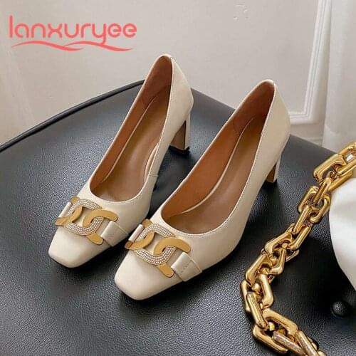 Lanxuryee new arrival European style genuine leather square toe high heels metal decoration beauty lady party women pumps L42