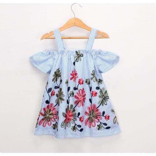Summer Girls' Dress New Of-Shoulder Striped Suspender Costumes Princess Dress Cotton Embroidered Baby Kids ChildrenS Clothing