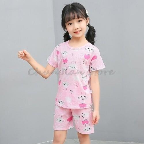 New Summer Breathable Tracksuits For 2-11Years Girls Rabbit Print Pink Summer Clothes Teen Girls Clothing Girls Shorts Sets