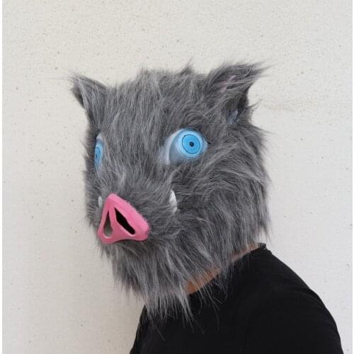 Inosuke Hashibira Mask Helmet Demon Slayer Kimetsu no Yaiba Cosplay Hood Hair Pig Mask Headwear