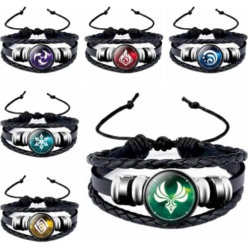 MIQIAO Silver Alloy Weaven Leather Band Genshin Impact Eys Stone Bangles Wrist Chain Bracelet for Women Men Fans Gift Jewelry Bo