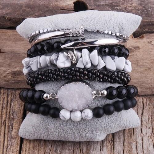 RH Fashion Bohemian Jewelry Accessory Black Silv Beaded Bracelet Charms 6pc Stack Bracelets Sets For Women Gift