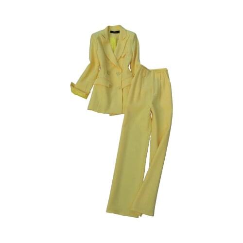 Fashion yellow OL suit women spring fall New high-quality Casual Business Blazers female + trousers commuter two-piece Set women