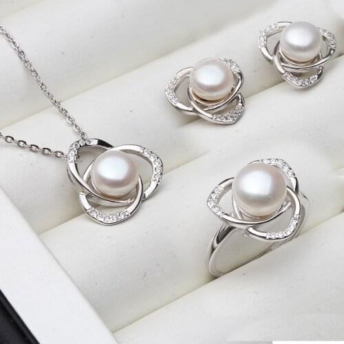 Real 925 Silver Necklace Natural Pearl Jewelry Sets For Women,Freshwater Pearl Earring Pendant White Black