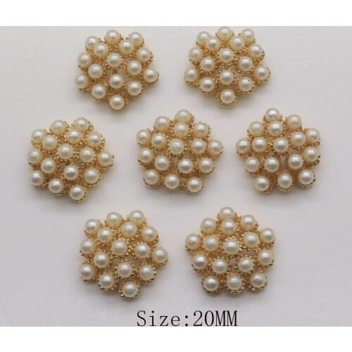 Wholesale 50Pcs 20MM Round Lvory Pearl Button golden flatback rhinestone button Wedding DIY hair flower cnter scrapbooking