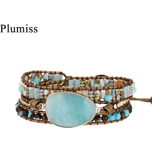 Plumiss High End Amazonite Leather Wrap Bracelets Dropship Mixed Natural Stone Boho Bracelet for Women Copper Turquoises Jewelry