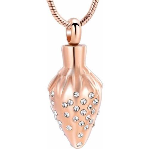 Different Color Stainless Steel Strawberry Cremation Jewelry For Ashes With Clear Crystal Keepsake Memorial Urn Pendant Necklace