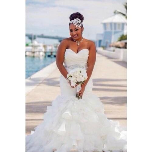 Plus Size Gorgeous Ruffle Organza Mermaid Wedding Dresses Africa Tiers Beads crystal Sash african Country Bridal Gowns Custom
