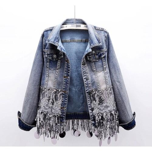 Luxury Denim Jacket Female 2019 Autumn New Tassel Sequins Long Sleeve Plus Size Coat Slim Turn-Down Collar Rivet jacket Coat