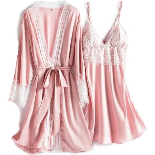 Pink V-Neck Nightgown Set Womens 2PCS Robe Cami Top Lace Nightsuits Nightwear Pajamas Suit Sleepwear Gown Negligee Homewear
