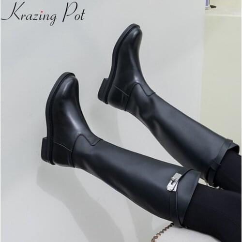 Krazing pot Winter round toe cow leather metal buckle decoration keep warm plus size thick low heels riding knee-high boots l13