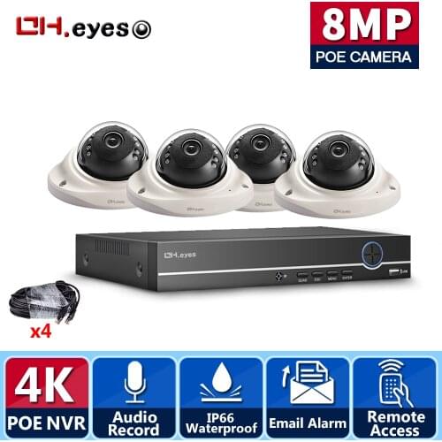 H.264+ 4CH 8MP POE Security Camera System Kit 4PCS 8MP Audio Dome POE IP Camera indoor Outdoor CCTV Video Surveillance NVR Set