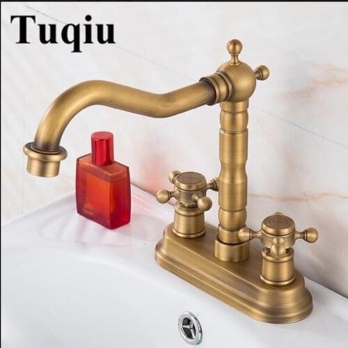 Basin Faucet Antique Brass Bathroom Faucet Basin Deck Mounted Tap Rotate Dual Handle Hot and Cold Water Mixer Taps Crane