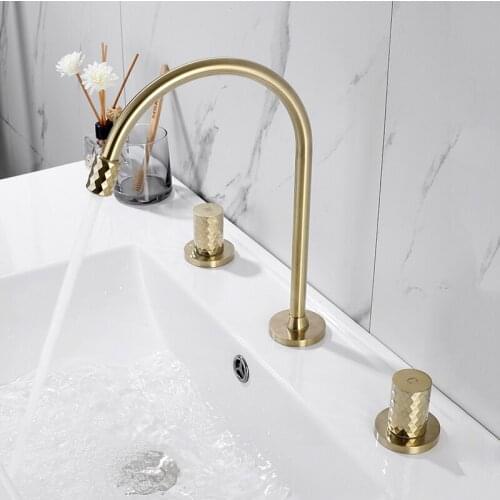 Basin Faucets Mixer Brushed Gold Brass Bathroom Sink Faucet 3 Hole Widespread Basin Mixer Double Handle Hot And Cold Water Taps
