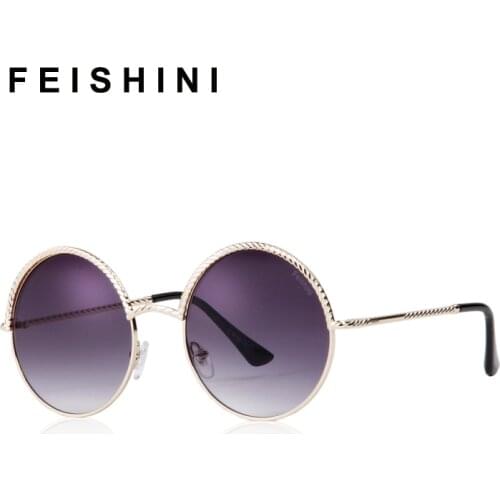 FEISHINI Spiral Chain Metal Brand Design Round Men Sunglasses Unisex Mirror 2020 Fashion Trendy Women Sunglass Gradient Gold