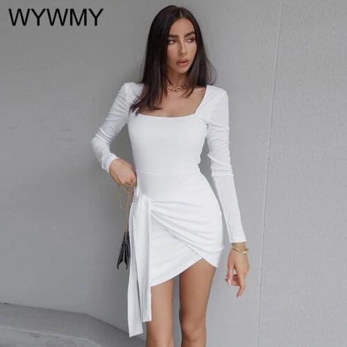 WYWMY Autumn Women Mini Dress Square Collar Irregular Lace-Up Slim Fit Long Sleeves Dress Fashion Office Lady Solid Color Dress